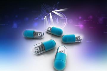 3d illustration of pill filled with dollar