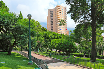 Green park and residential building in Monte Carlo, Monaco.