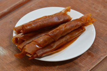 mango stir mixture  on wooden board