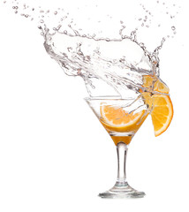 cocktail in a martini glass on a white background with fruit