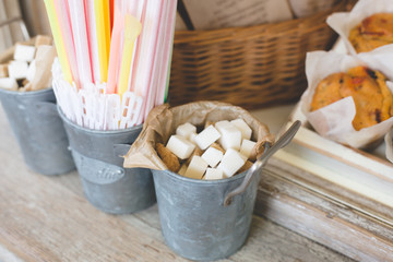 сoffee bakery shop pastry straws brown white sugar rustic style