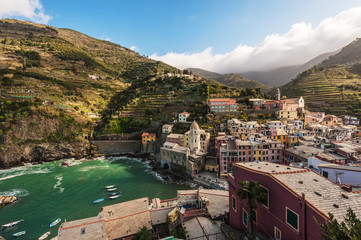 Panoramic view of the seaside town of Vernazza, Cinque Terre, It