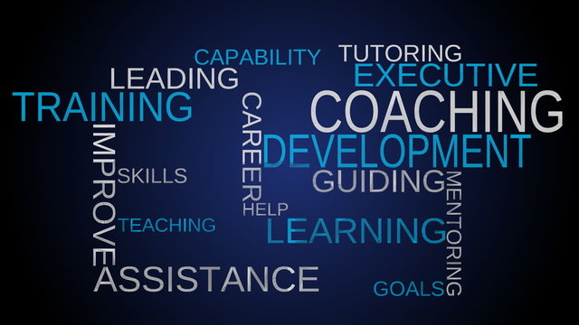 Coaching, development, training word cloud - blue. Loop able.