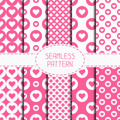Set of pink romantic geometric seamless pattern with hearts