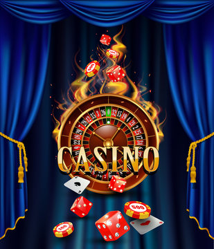 Casino background with cards, chips, craps and roulette.