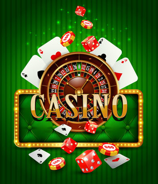 Casino background with cards, chips, craps, roulette.