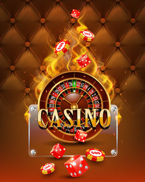 Casino background with chips, craps and burning roulette.