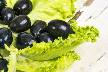Black olives in green salad leaf