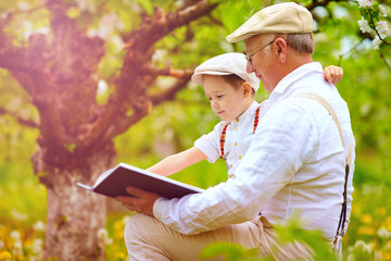 grandfather with grandson reading book in spring garden