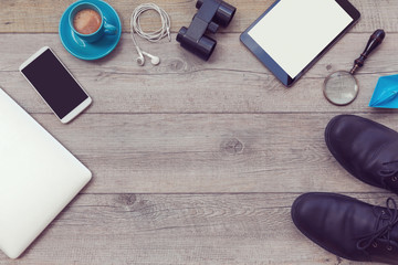 Background with man adventure essential object. View from above