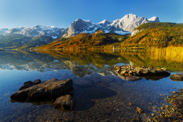 Autumn Grundlsee lake in Alps mountains, Upper Austria