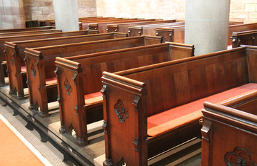 The Wooden Pew Seats of a Small Rural Church.