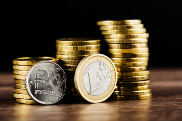The Russian rouble coin and Euro