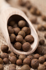 Allspice pepper flavour spice seeds in wooden spoon on textile b