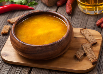 Chicken noodle healthy broth soup with croutons