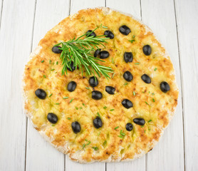 Italian focaccia with olives and rosemary
