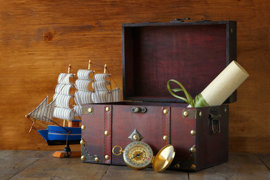 antique compass, manuscript, old vintage chest on wooden table