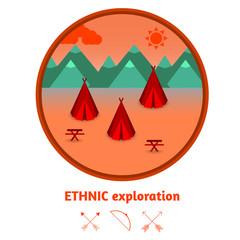 Camping mountain background, with wigwams, flat design.