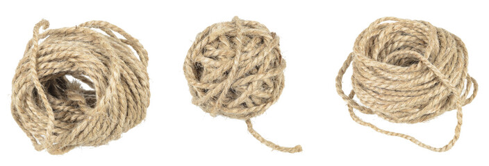 Ball and skein of hemp twine on white