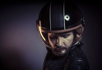 Danger, biker with motorcycle helmet and black leather jacket, m