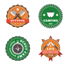 Set of camping and outdoor adventure stickers logo badges. - obrazy, fototapety, plakaty