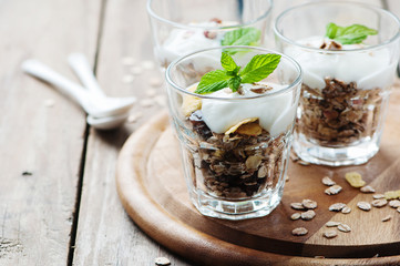 Healthy breakfast with muesli and yogurt