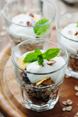 Healthy breakfast with muesli and yogurt