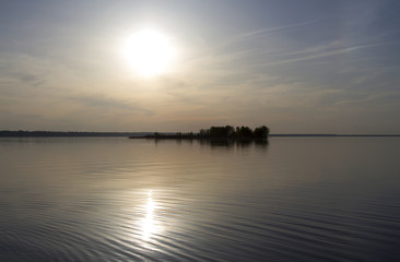 Fototapeta na wymiar lake, sunset, island on a river,