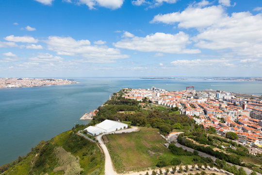 Aerial view of Almada rooftop from Christo Rei statue  in  Lisbo