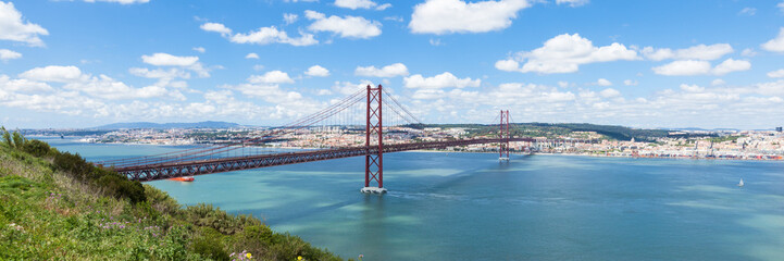 Panoramic view of 25 de Abril (April) Bridge in Lisbon - Portuga