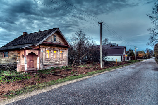Evening street in the Russian village.