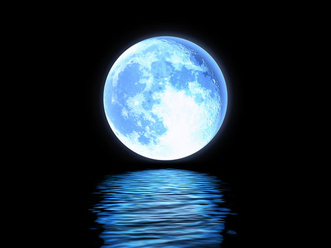 Full moon reflected in the blue water.