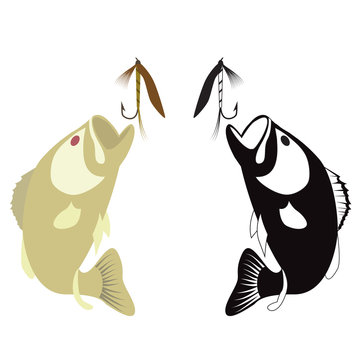 two fish icon with bait and hook. vector