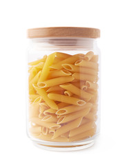 Glass jar filled with penne pasta isolated