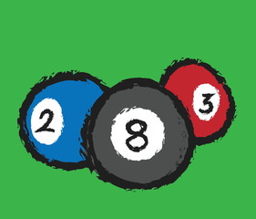 doodle billiard balls,  number 2, 8, 3 