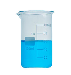 Flask with blue liquid isolated over white background