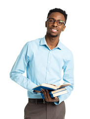 African american college student with books and bottle of water