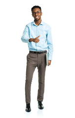 Happy african american college student with laptop and thumb up