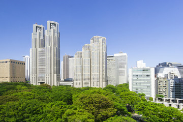 東京都庁と新宿高層ビル群　快晴青空　新緑