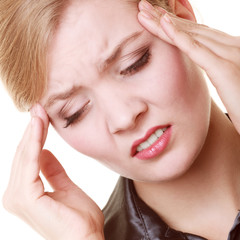 Headache. Woman suffering from head pain isolated.
