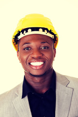 Black businessman wearing helmet