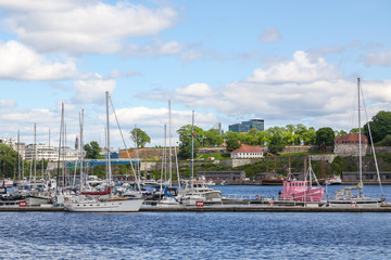  Boats and yachts on the harbor, Aker Brygge district, Oslo, Norway