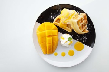 waffles with ice cream and mango