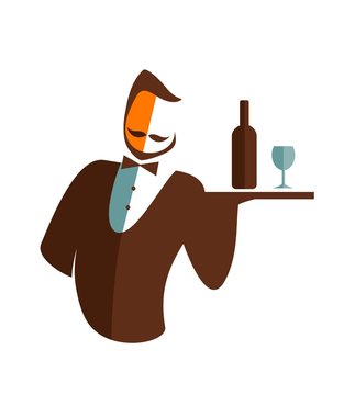 stylized waiter serving wine bottle and glass