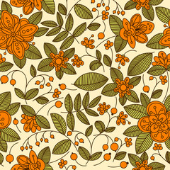 Floral seamless pattern with orange berries