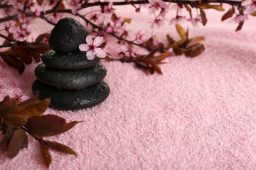 Spa stones and spring flowers on towel background