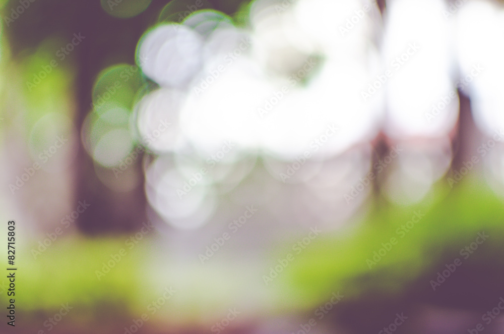 Poster vintage filter: blur cafe in garden with bokeh light background