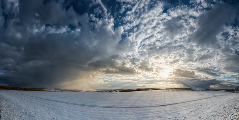 Panorama winter landscape sunbeams