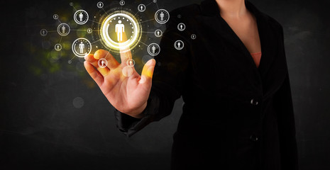 Modern businesswoman touching future technology social network b