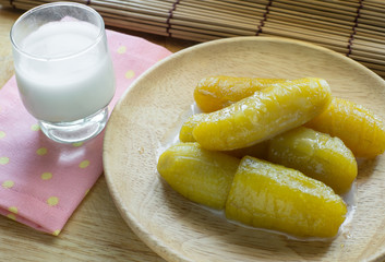 The yellow soft boiled banana sweet thai dessert